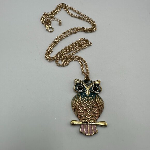 3/$30 Owl Pendant Necklace Gold Tone Multicolored Enamel Geometric Long Chain - Picture 5 of 12